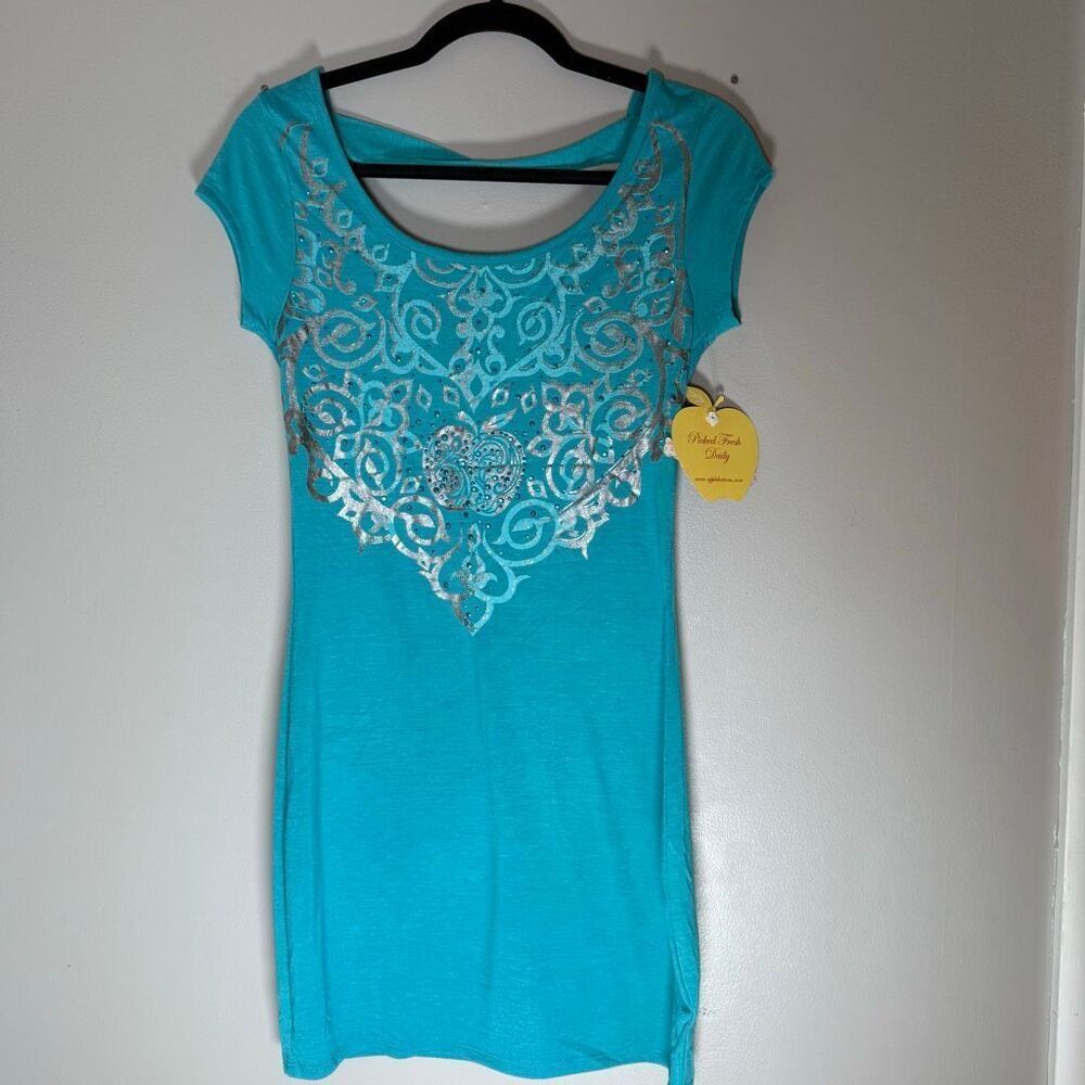 NWT Apple Bottoms Turquoise Rhinestone Scoop Back Mini Dress – Y2K McBling Glam